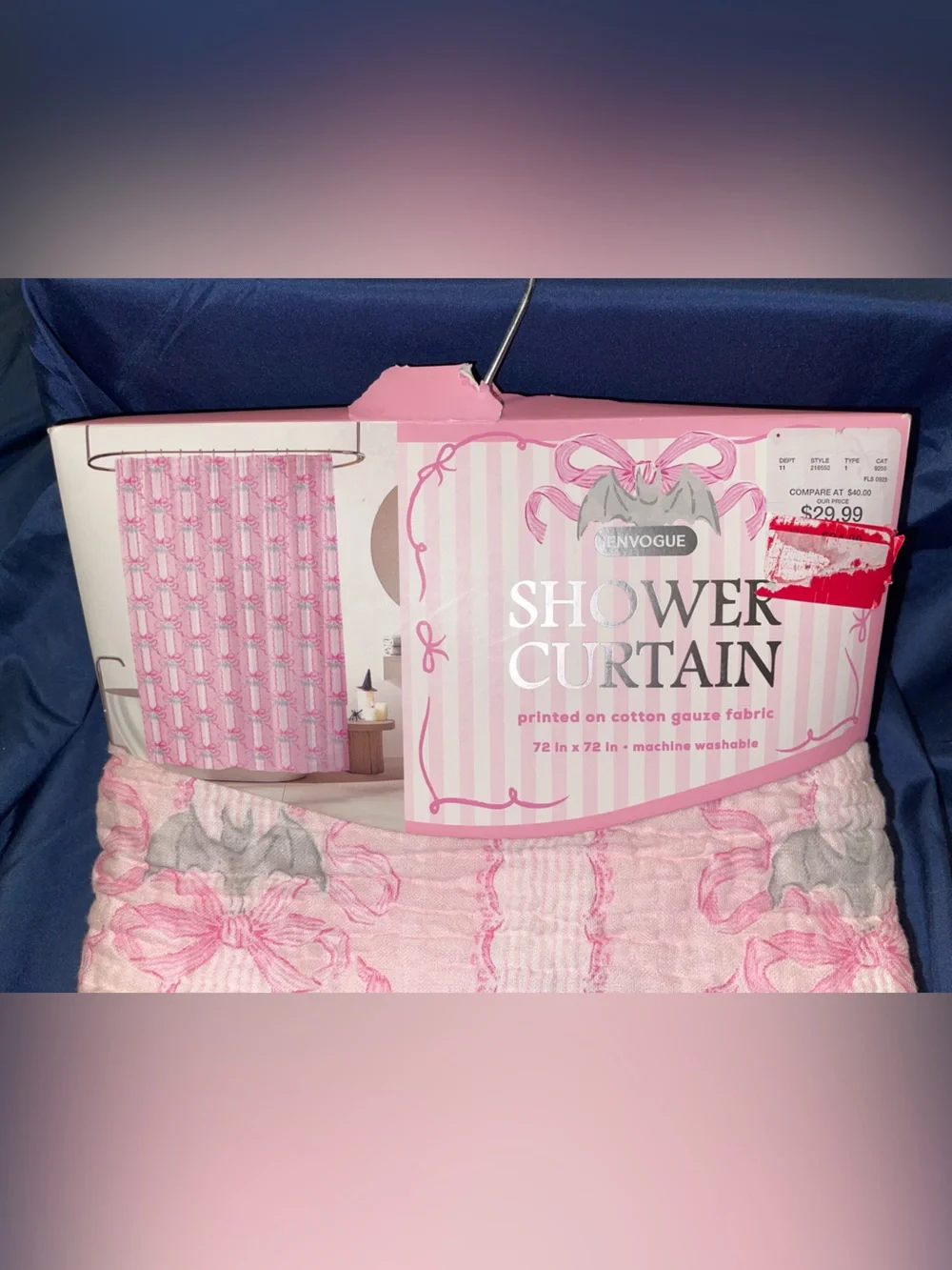 Envogue Pink and Light Gray Bow Cotton Gauze Shower Curtain